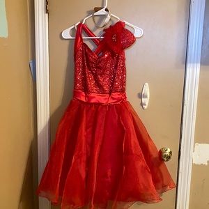 Red weissman broadway dress , chocker, hair clip